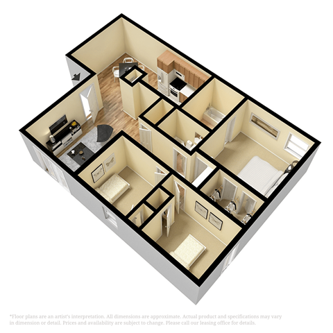 Floor plan for 3 beds, 2 baths, 1100 sqft